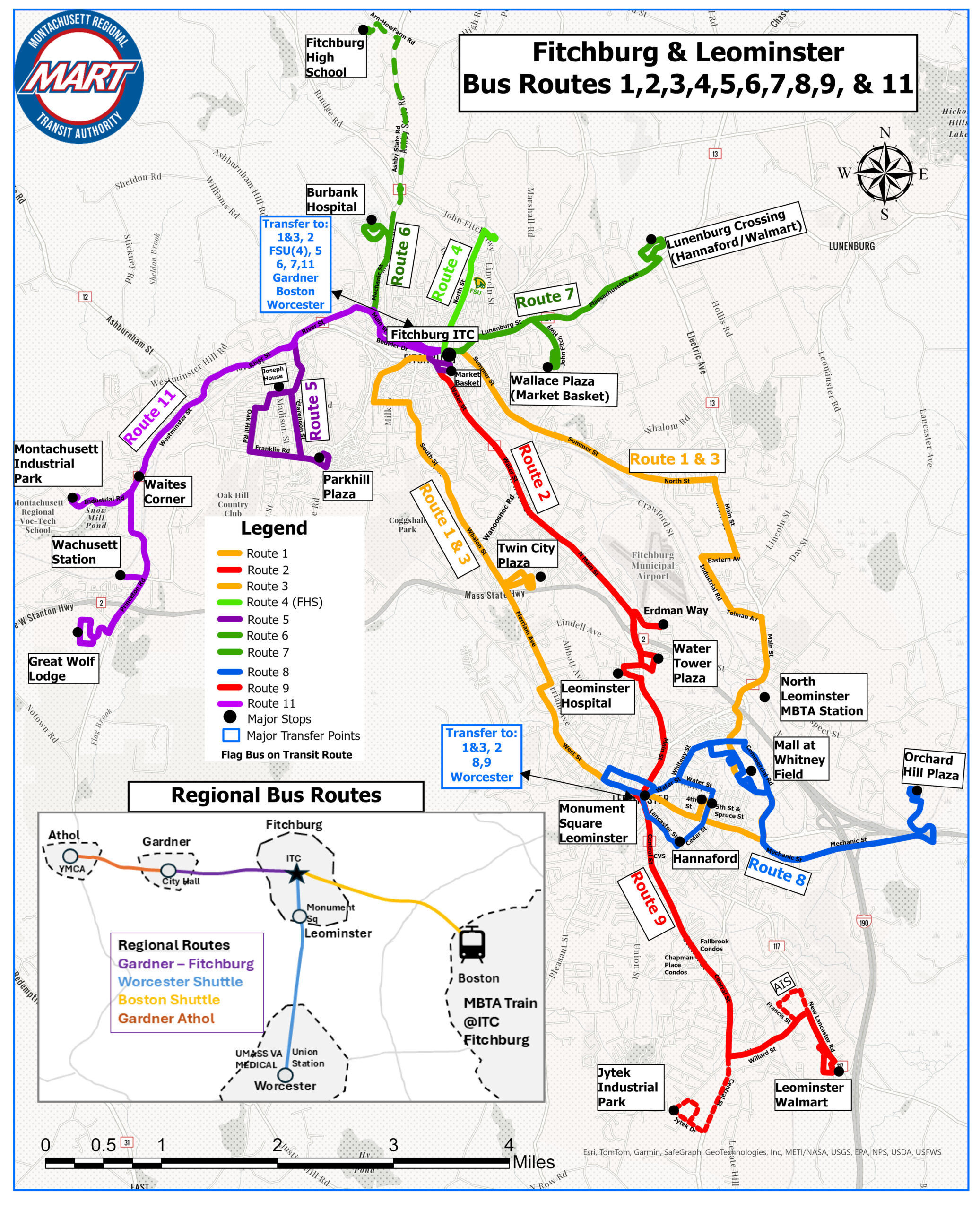 Combined route map for Fitchburg and Leominster